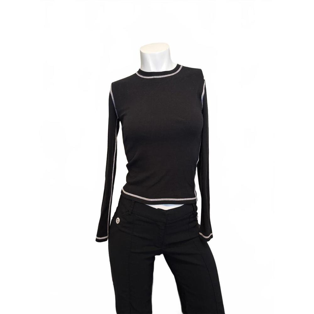 Vintage 90s Black Contrast Stitch Long Sleeve Ribbed Top USA Made